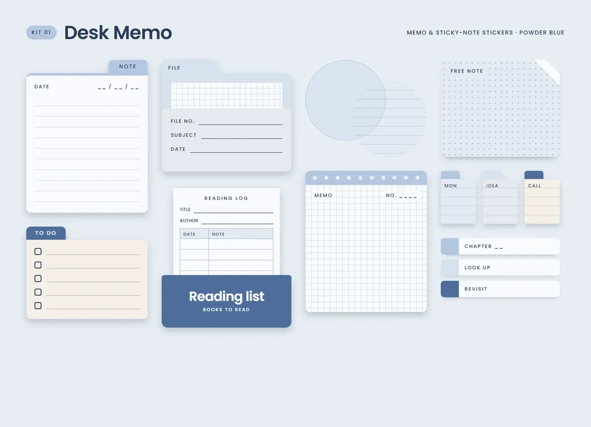 Powder Blue page in the Desk Memo Sticker Kit