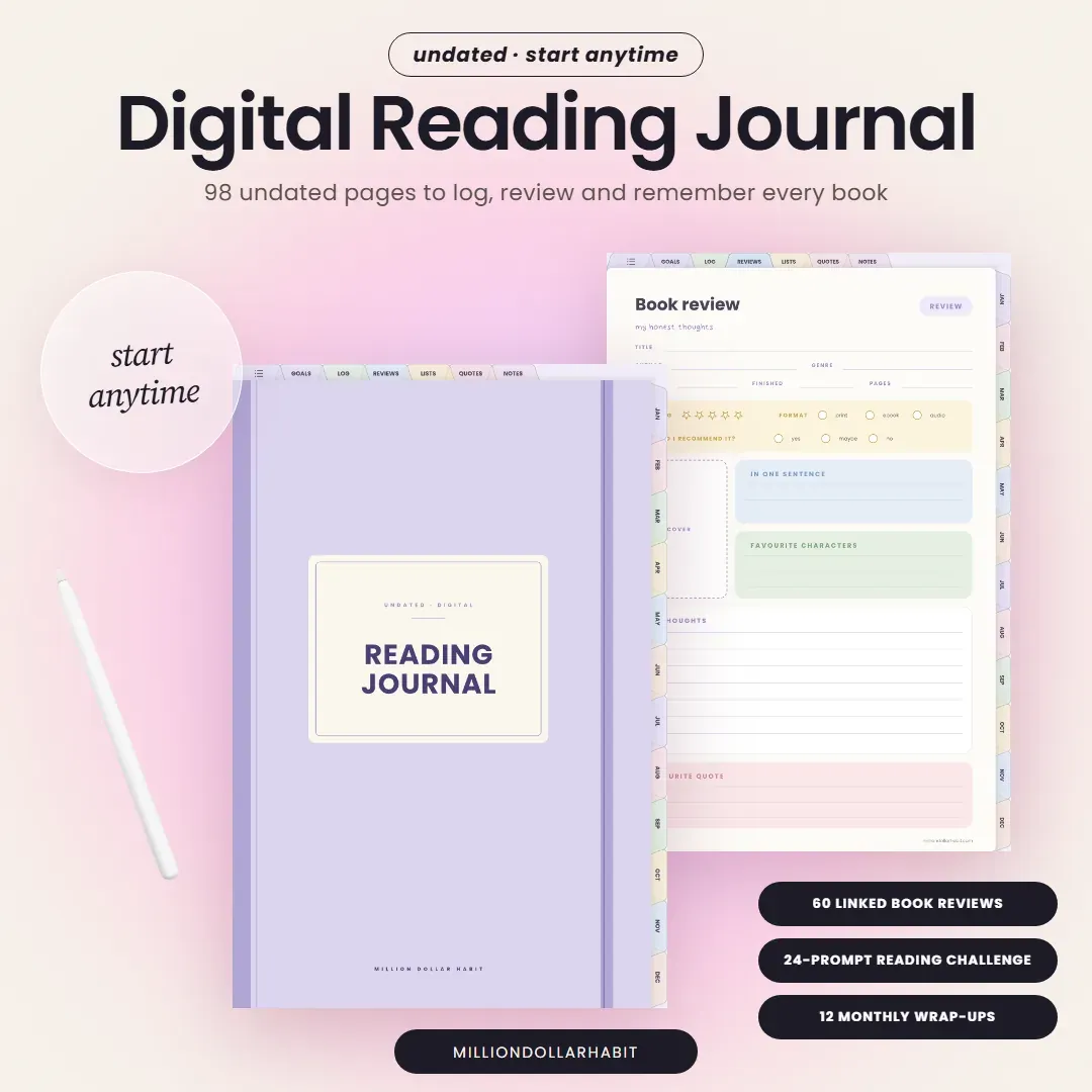 Digital Reading Journal cover: 98 undated pages to log, review and remember every book