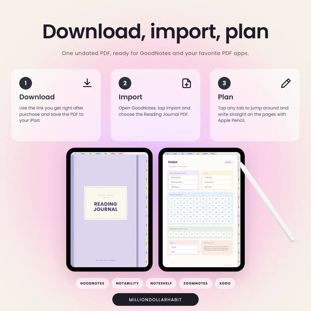 Digital Reading Journal: Download, import, plan, with one undated PDF for GoodNotes and other PDF apps