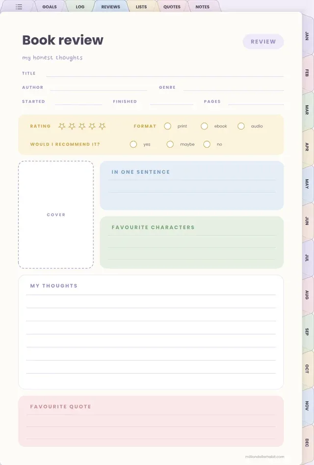 Book review page in the Digital Reading Journal