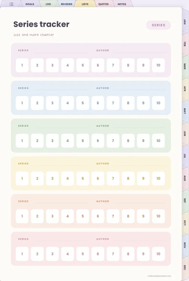 Series tracker page in the Digital Reading Journal