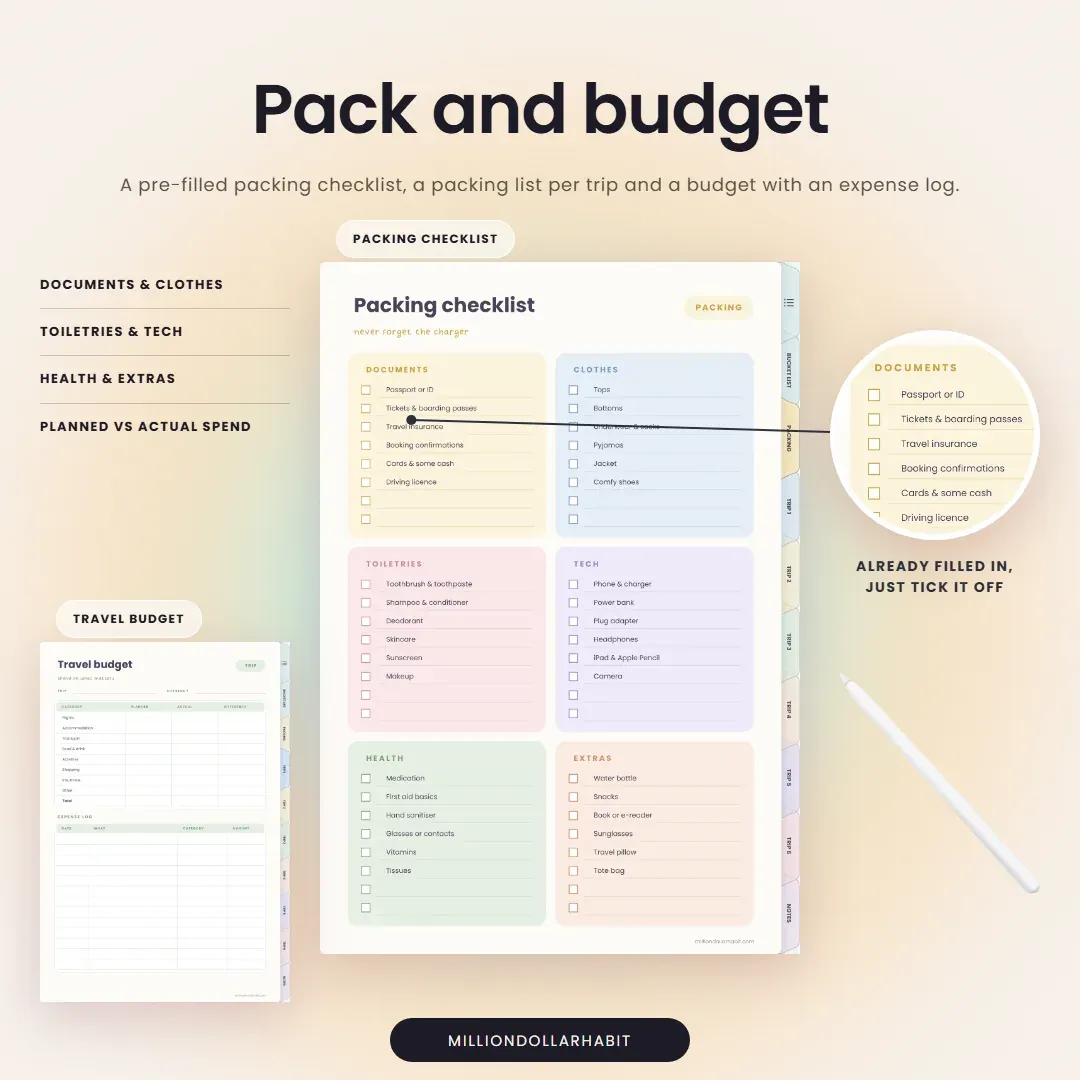 Digital Travel Journal: Pack and budget, with a pre-filled packing checklist, a packing list per trip and a budget with an expense log