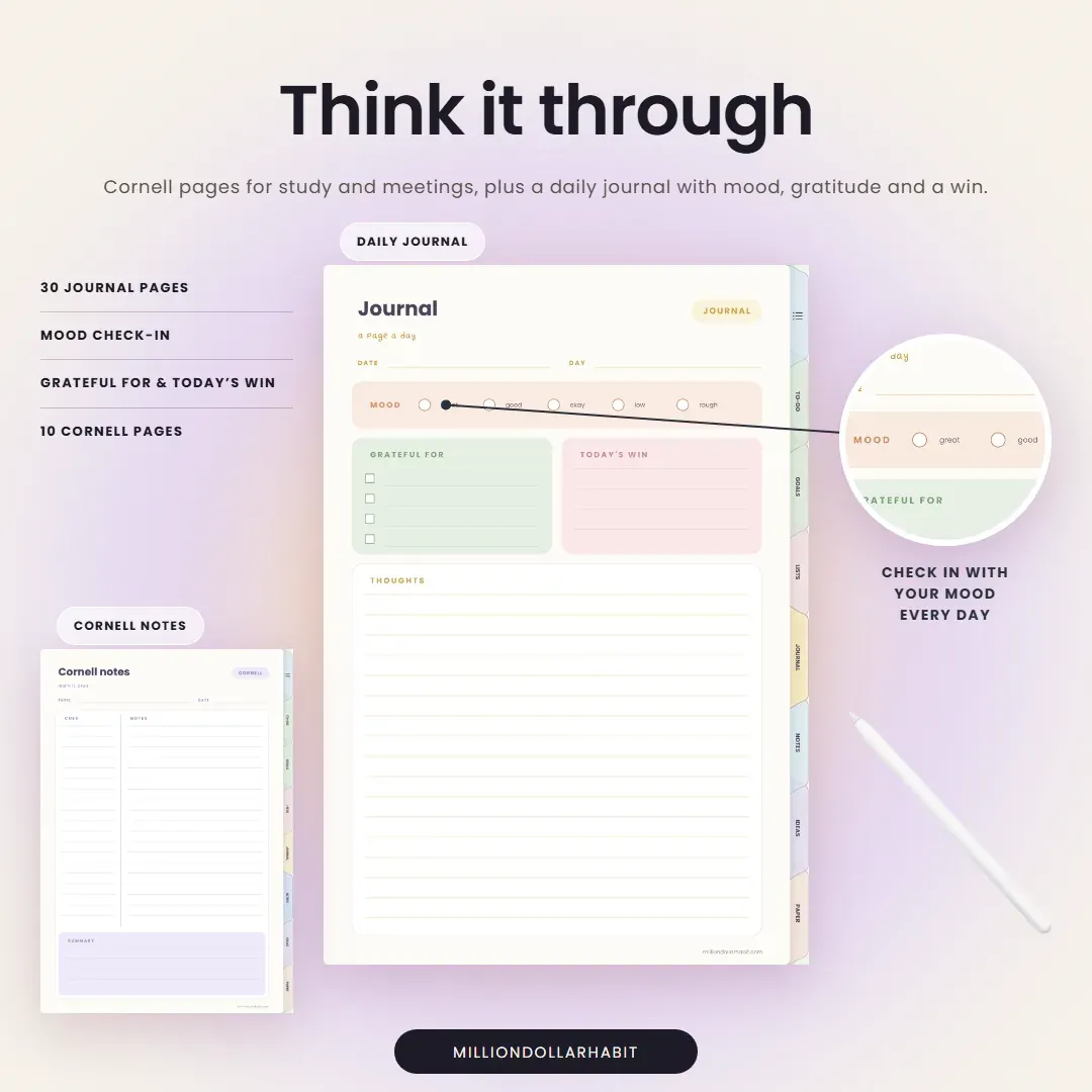 Everyday Digital Notebook: Think it through, with Cornell pages for study and meetings and a daily journal with mood, gratitude and the day's win