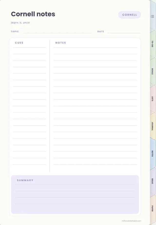 Cornell notes page in the Everyday Digital Notebook