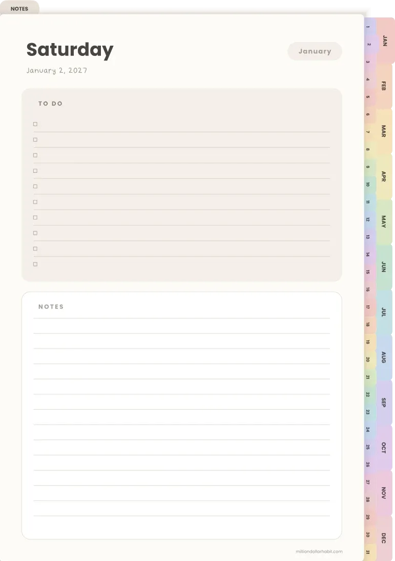 A daily page from the free 2027 daily planner with a to-do list, lined notes and month tabs