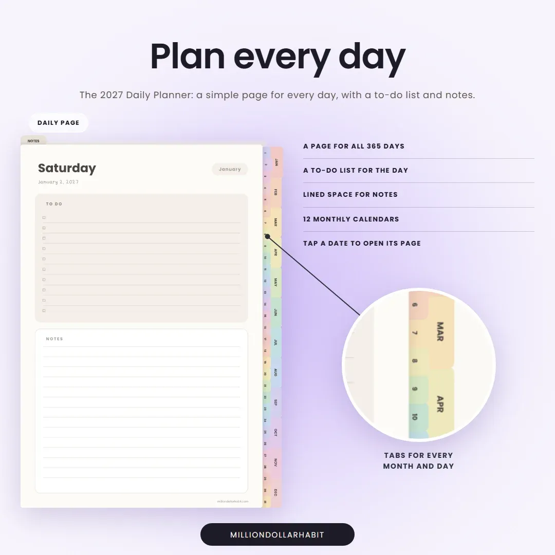 Free 2027 daily planner: a daily page with a to-do list and lined notes, with tabs for every month and day