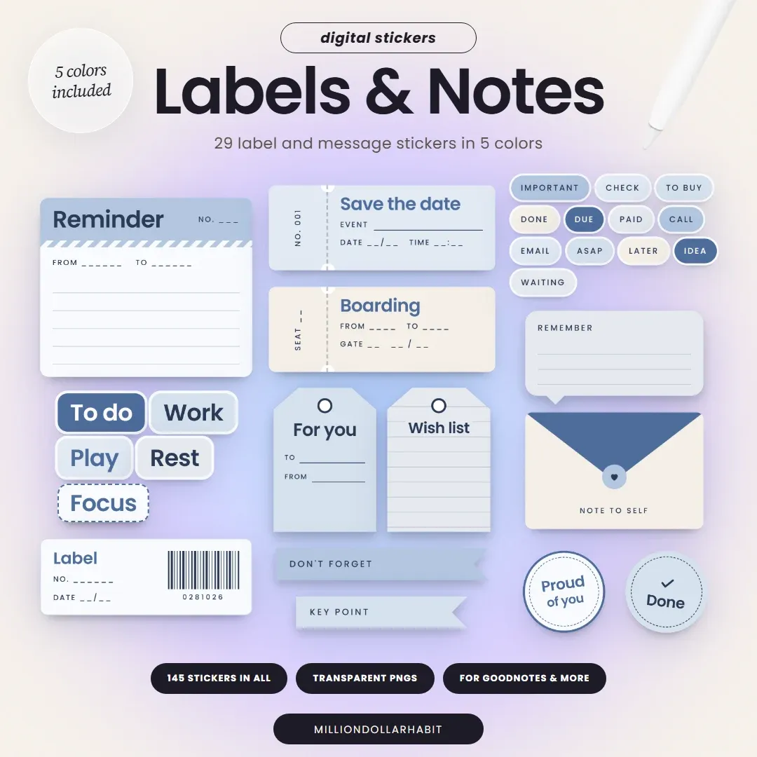 Labels & Notes Sticker Kit cover: 29 label and message stickers in 5 colors