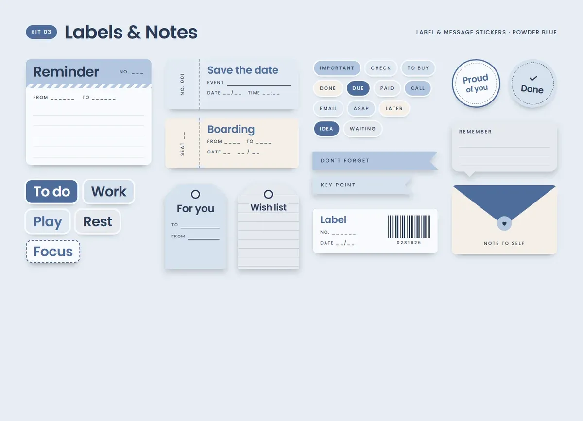 Powder Blue page in the Labels & Notes Sticker Kit