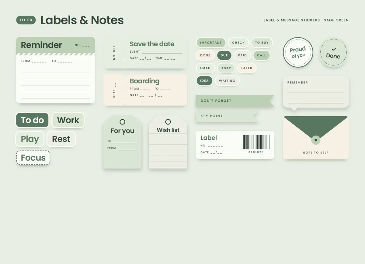 Sage Green page in the Labels & Notes Sticker Kit