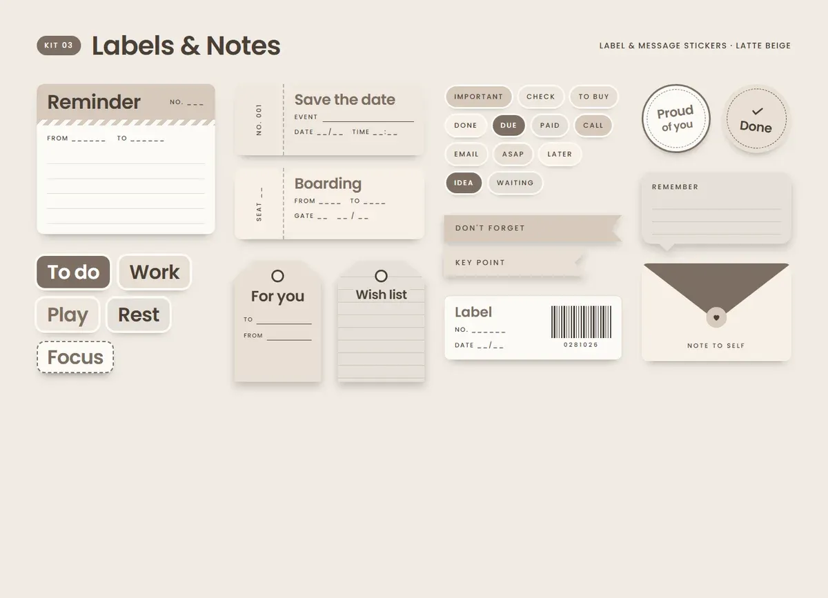 Latte Beige page in the Labels & Notes Sticker Kit