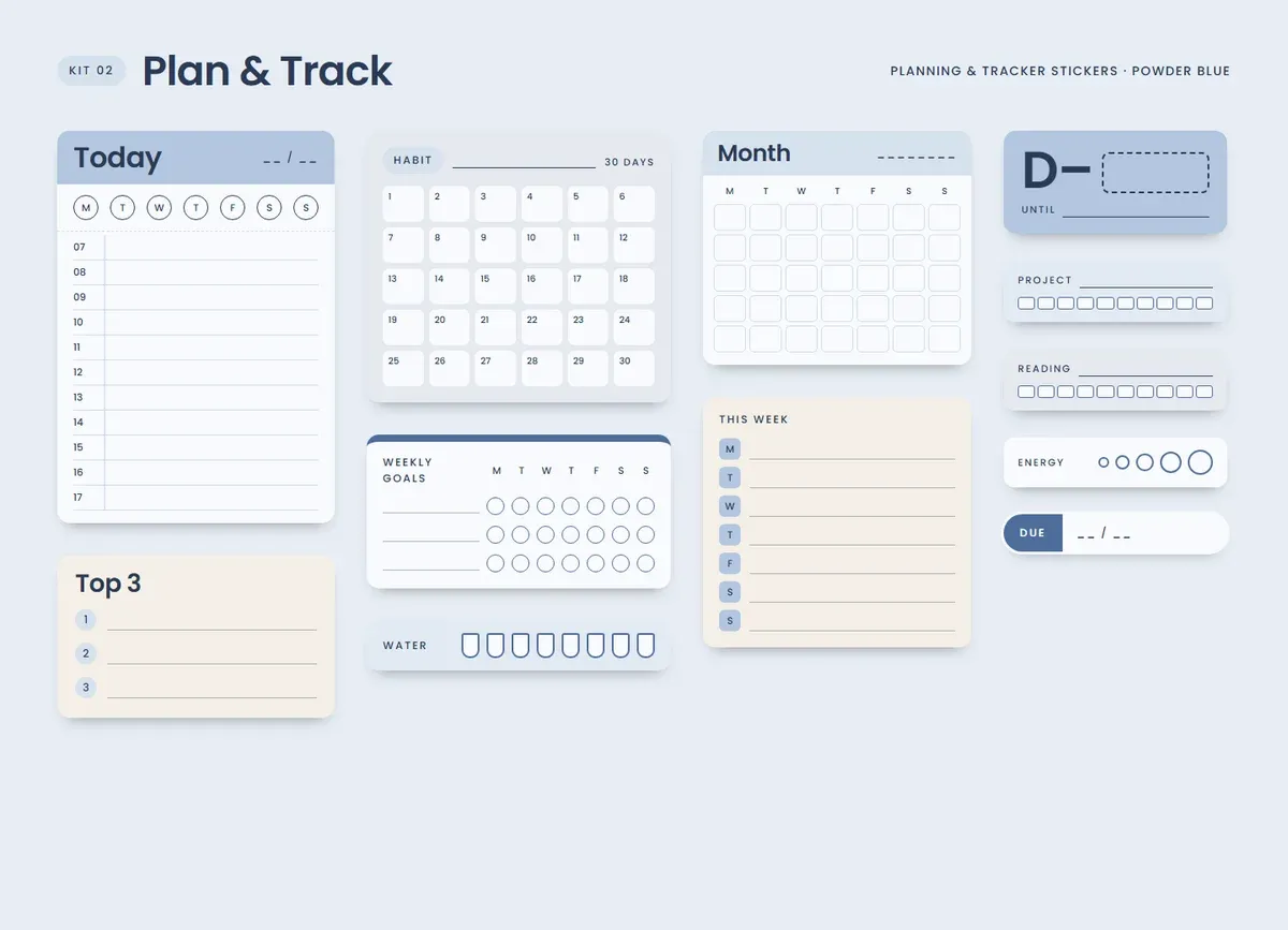 Powder Blue page in the Plan & Track Sticker Kit