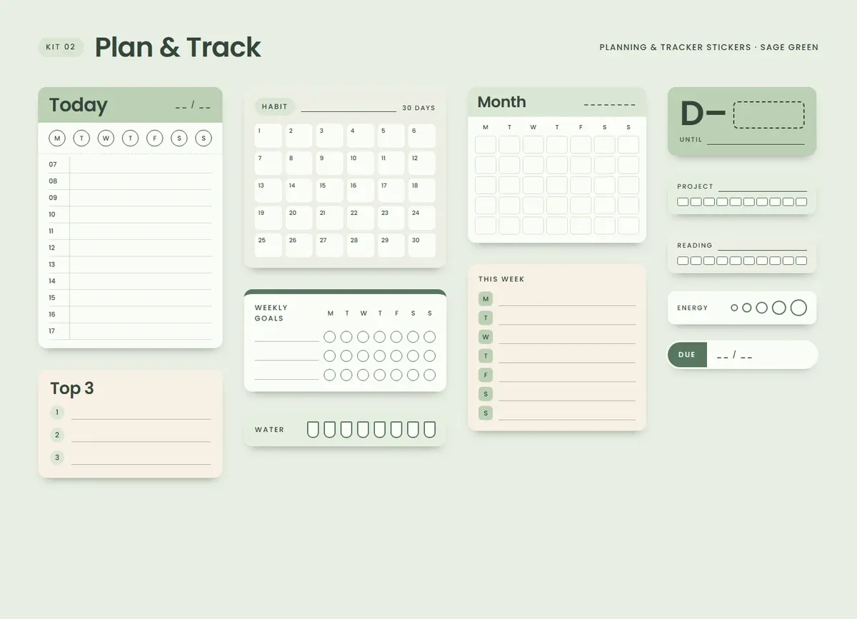 Sage Green page in the Plan & Track Sticker Kit