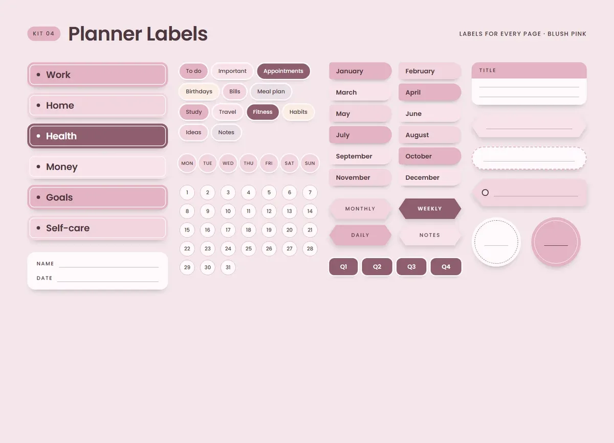 Blush Pink page in the Planner Labels Sticker Kit