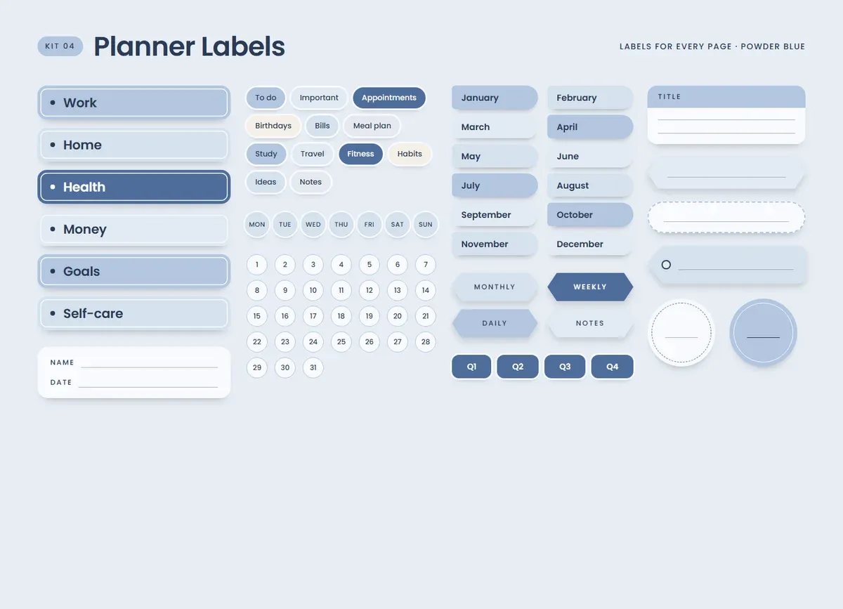 Powder Blue page in the Planner Labels Sticker Kit