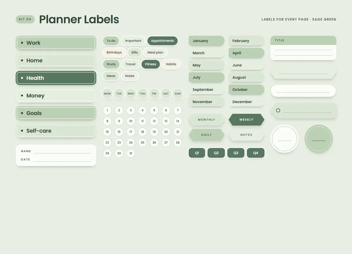 Sage Green page in the Planner Labels Sticker Kit