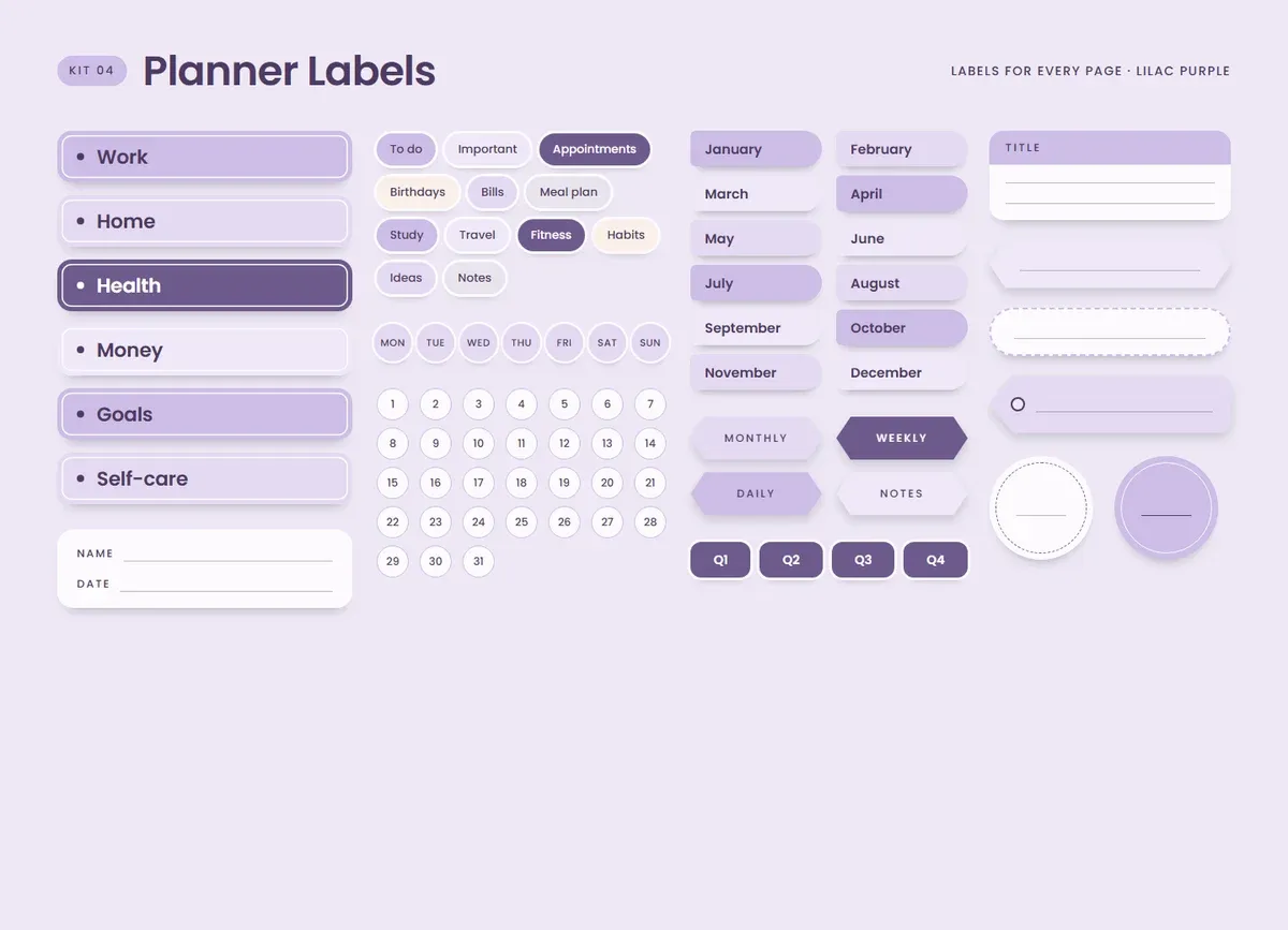 Lilac Purple page in the Planner Labels Sticker Kit