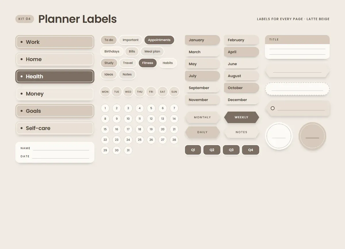 Latte Beige page in the Planner Labels Sticker Kit