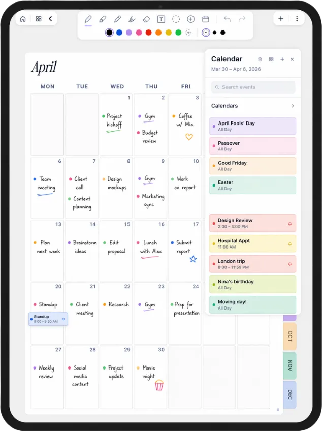 Plannora on iPad: an April monthly planner with Apple Calendar events synced onto the page and handwritten notes