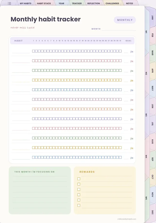 Monthly habit tracker page in the Undated Habit Tracker