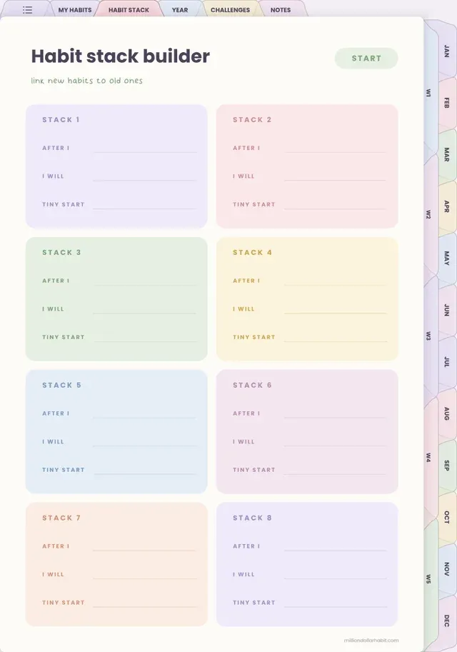 Habit stack builder page in the Undated Habit Tracker