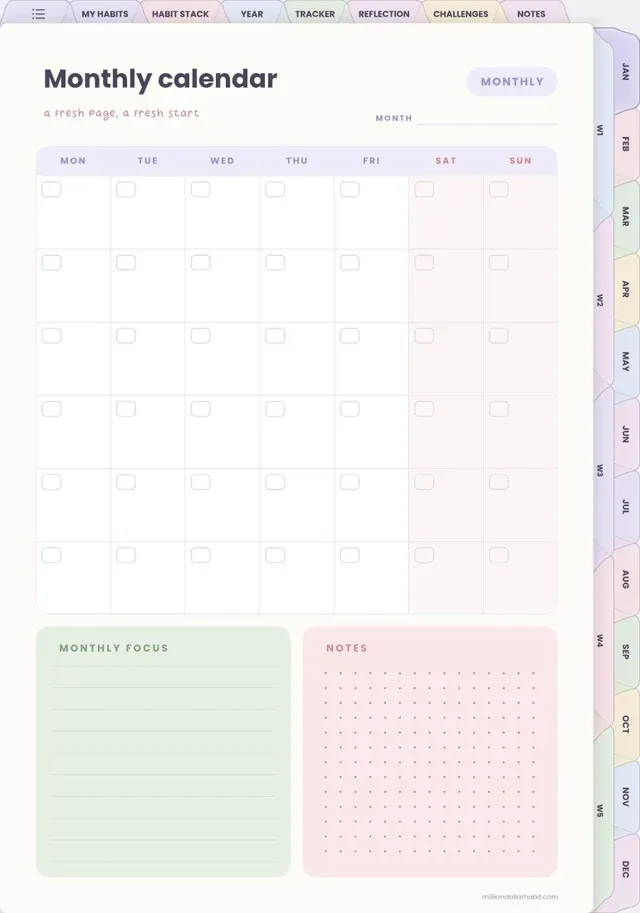 Monthly calendar page in the Undated Habit Tracker