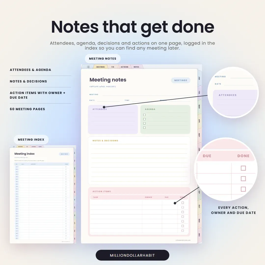 Undated Meeting Notes Notebook: Notes that get done, with attendees, agenda, decisions and actions on one page, logged in the index