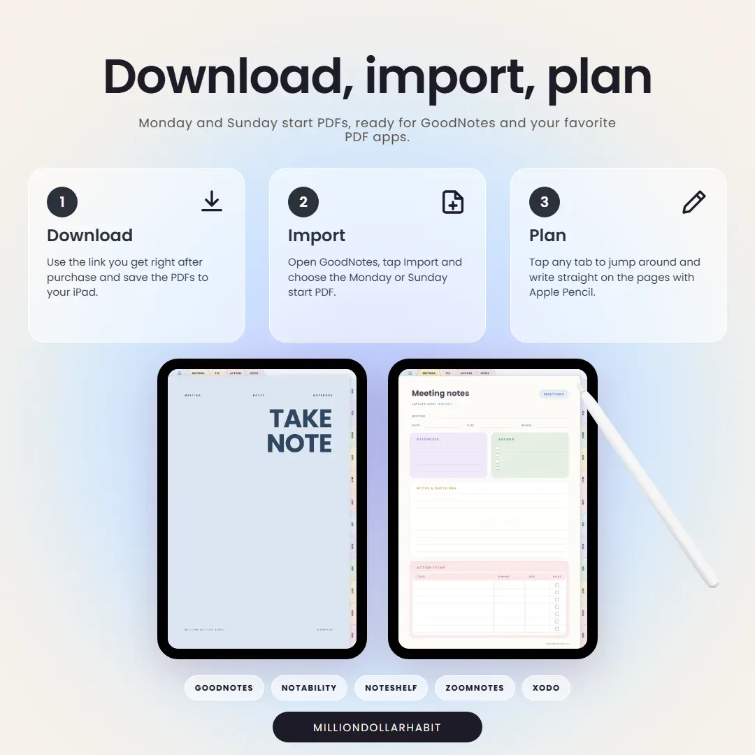 Undated Meeting Notes Notebook: Download, import, plan, with Monday and Sunday start PDFs for GoodNotes and other PDF apps