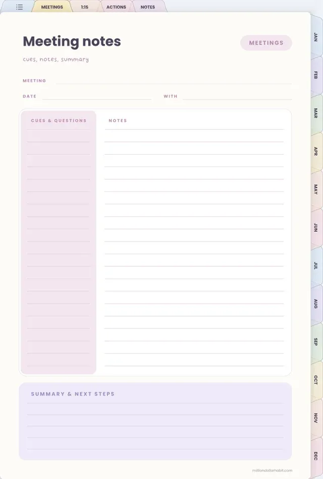 Cornell-style notes page in the Undated Meeting Notes Notebook
