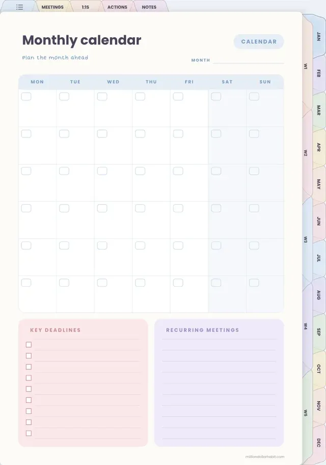Monthly calendar page in the Undated Meeting Notes Notebook