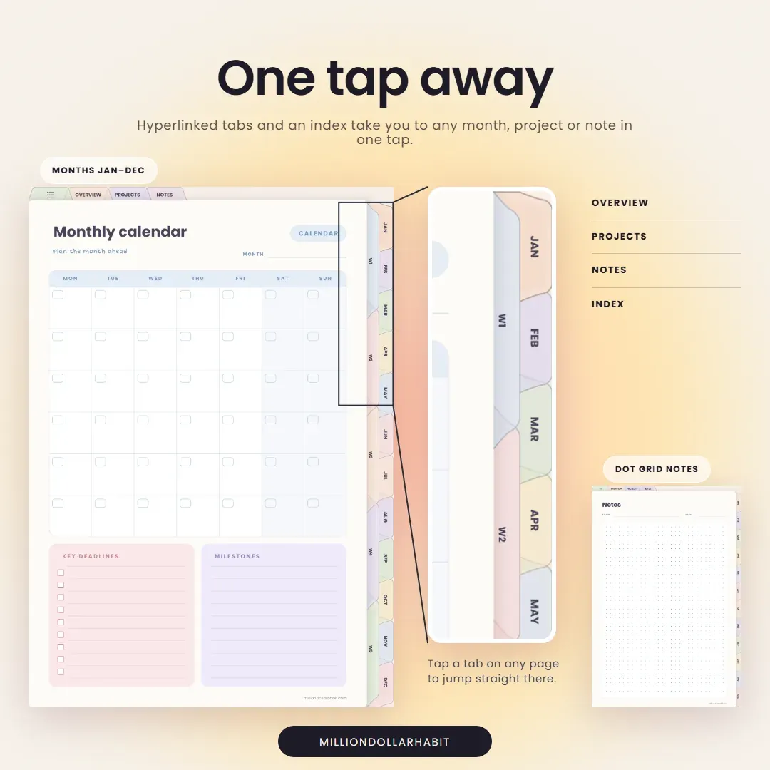 Undated Project Planner: One tap away, with hyperlinked month, project and notes tabs and an index