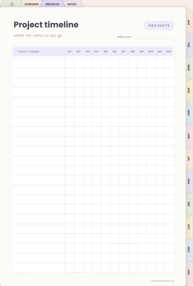 12-week timeline page in the Undated Project Planner