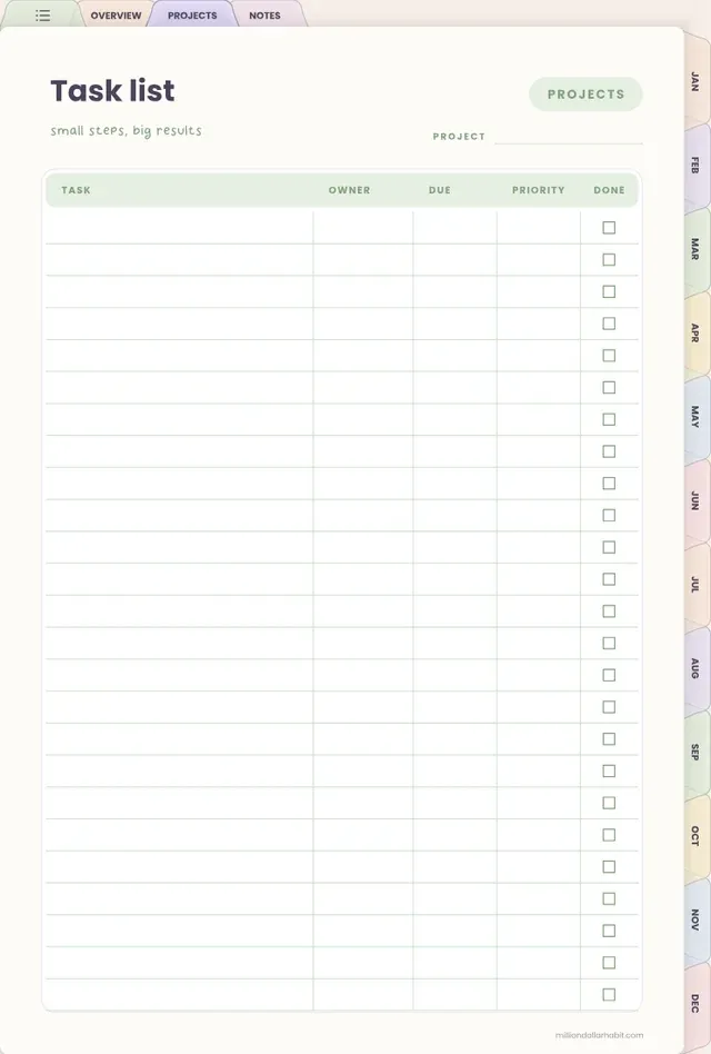 Task list page in the Undated Project Planner