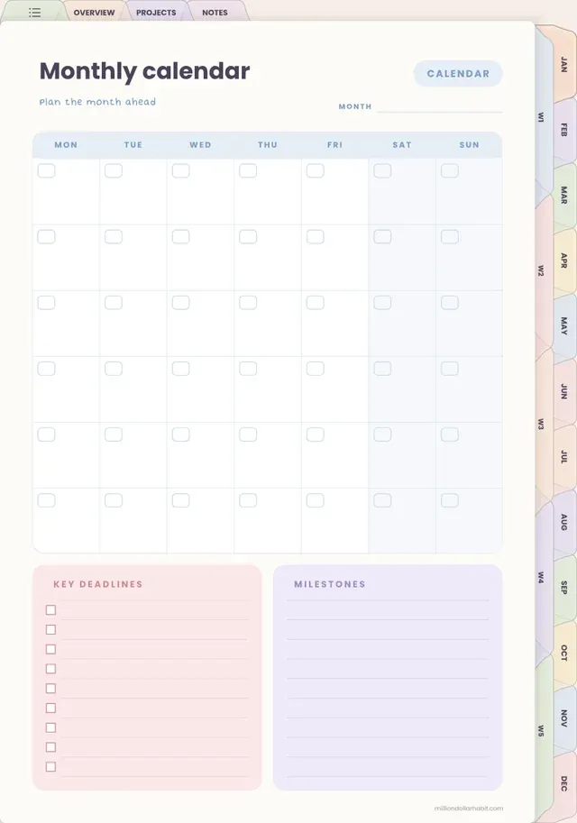 Monthly calendar page in the Undated Project Planner