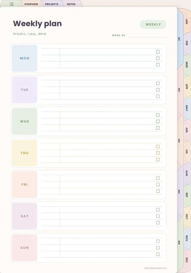 Weekly plan page in the Undated Project Planner