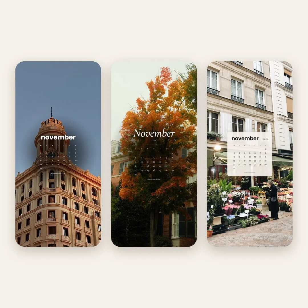 November 2026 phone wallpapers in three styles